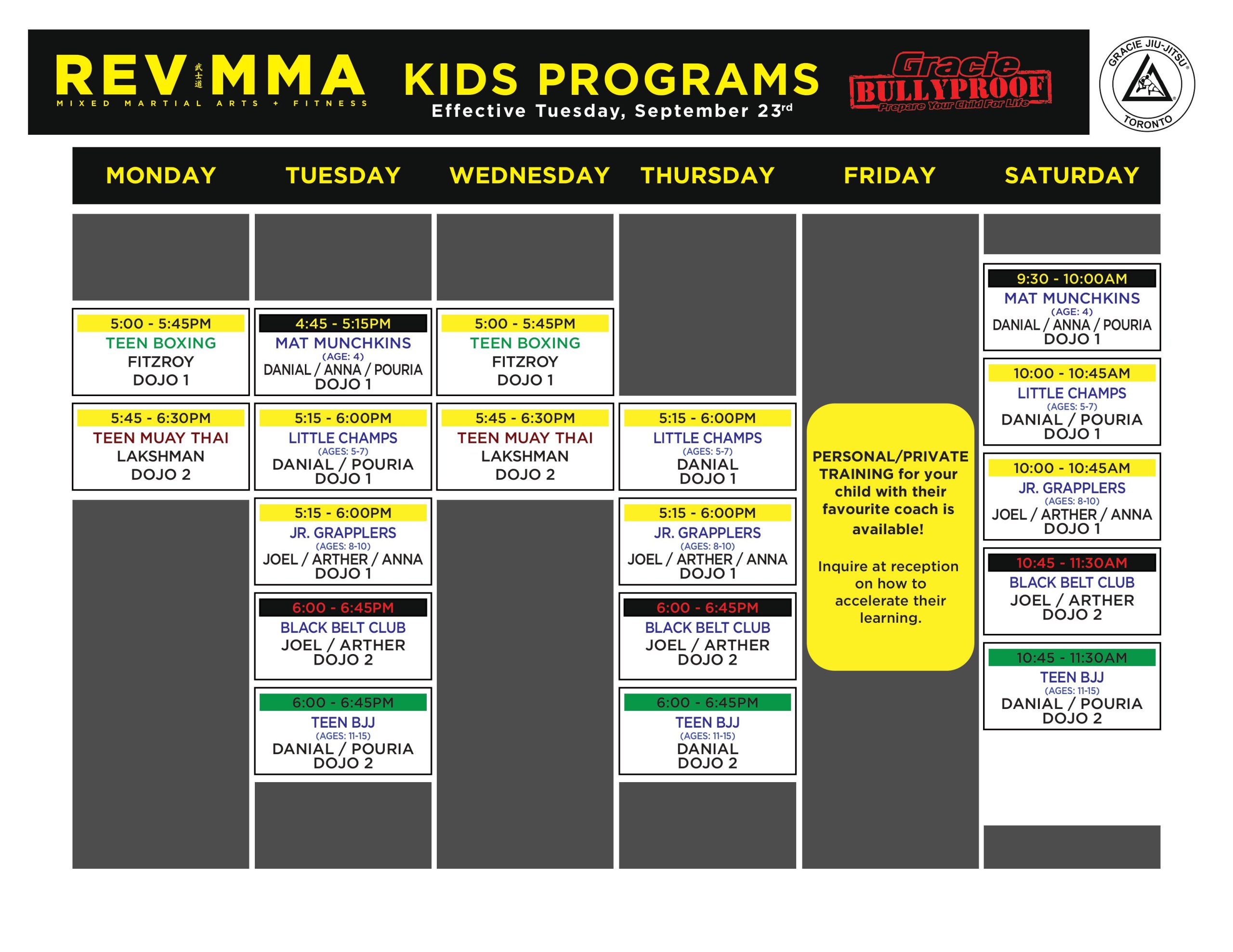 Rev MMA kids programs schedule with classes for boxing, Muay Thai, BJJ, grapplers, and more, updated Sept 23.